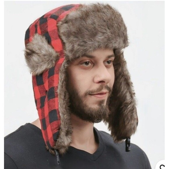 Ozark Trail Men's Trapper Hat Red Black Buffalo Plaid Faux Fur New - Picture 5 of 6